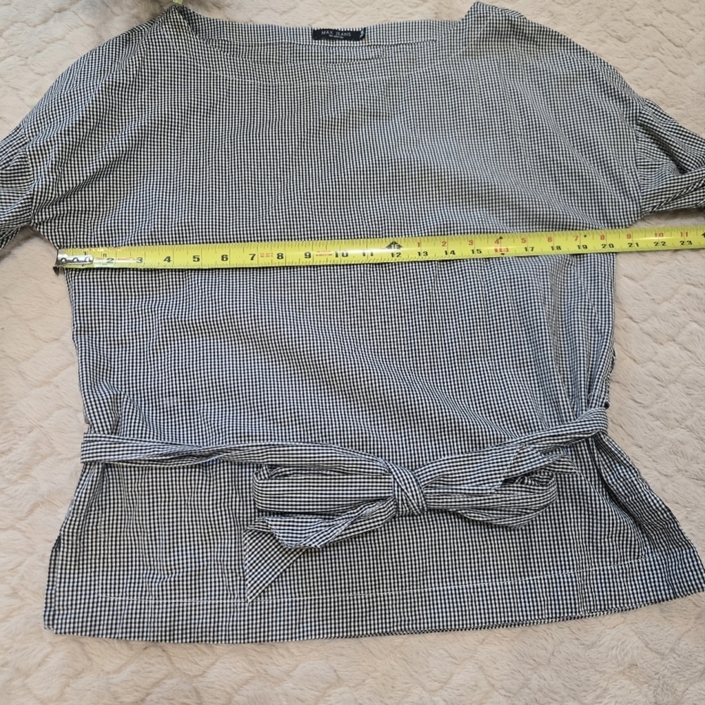 Max Jeans Black & White Checked Ruched Bubble Sleeve Belted Cotton Blouse Medium - Picture 3 of 9
